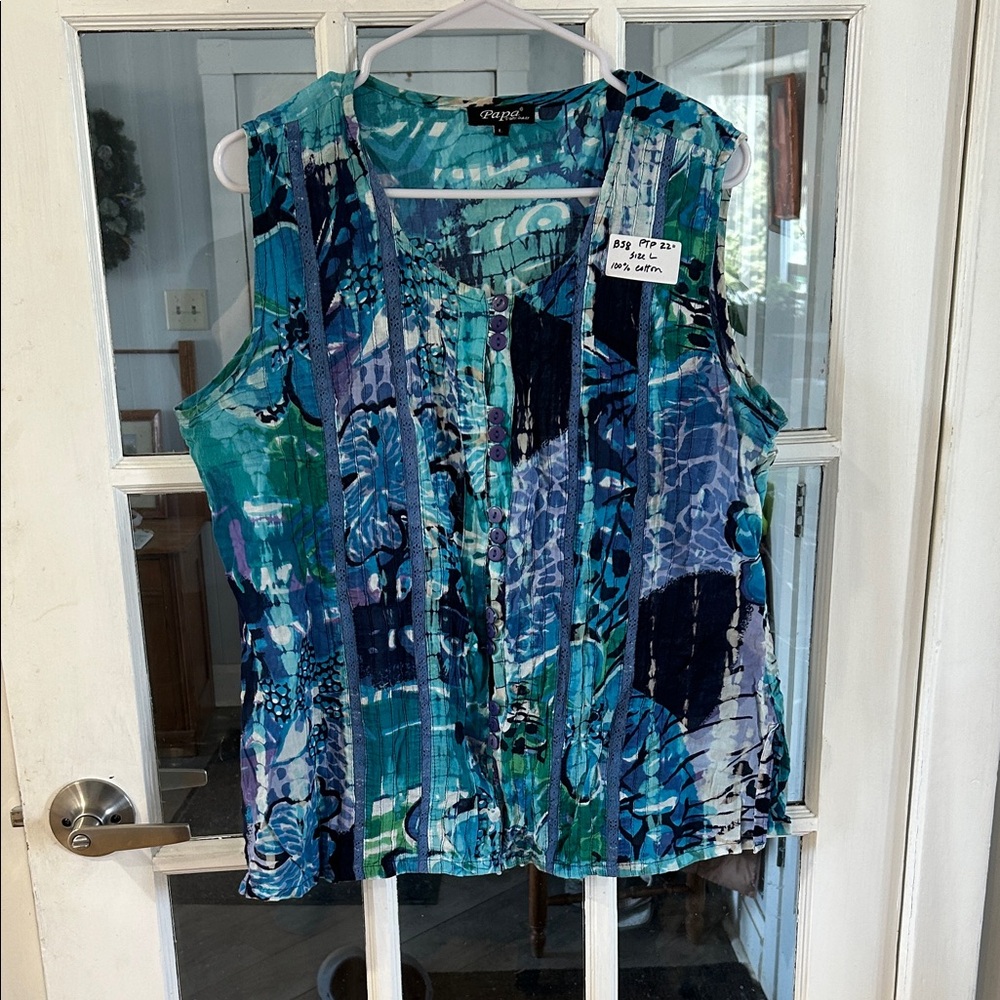 B58.    PAPA Teal Navy & Aqua Printed Sleeveless Top